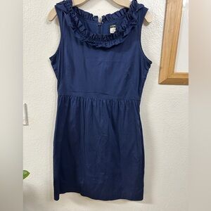 J Crew Navy Ruffle Neck Sleeveless Sheath Dress Size 8 Knee Length Cotton Pocket
